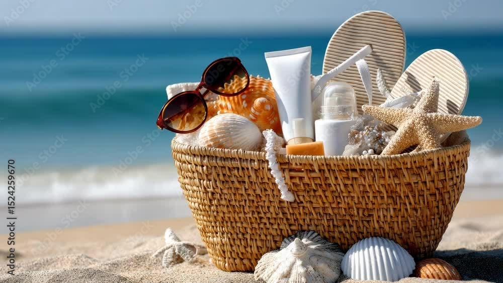 Summer beach essentials displayed in a wicker basket on sandy shore with tranquil ocean waves in the background