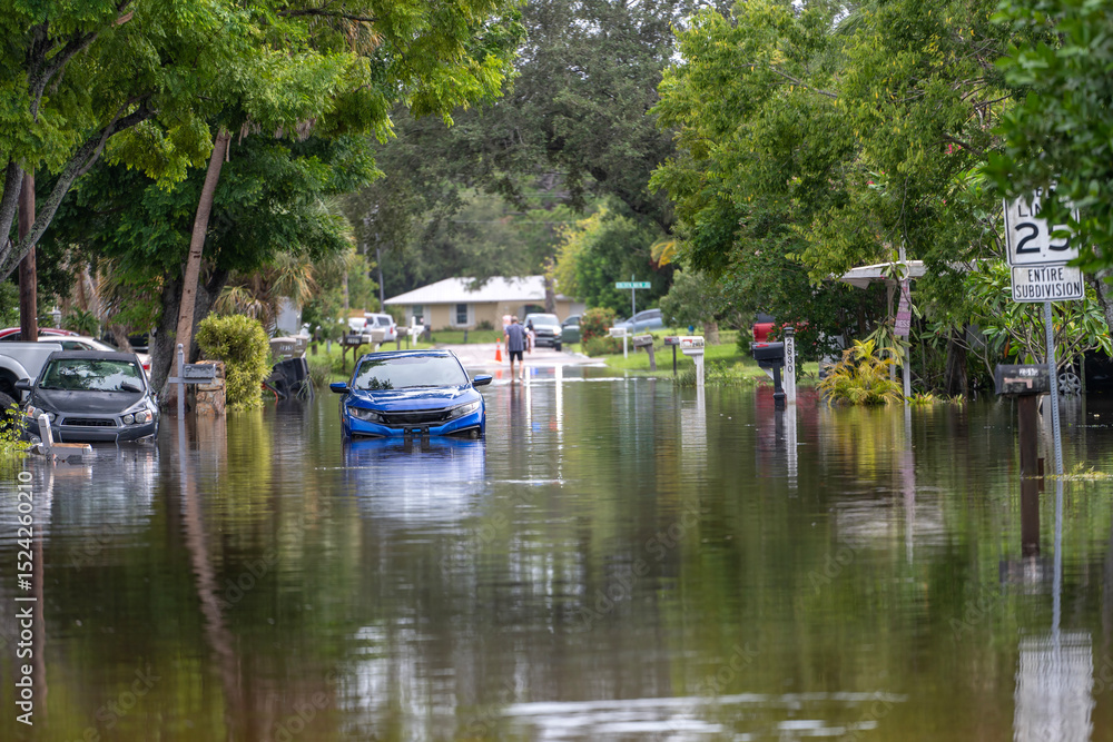 Fototapeta premium Hurricane flooded cars on city street in surrounded with water Florida residential area. Consequences of hurricane Debby natural disaster