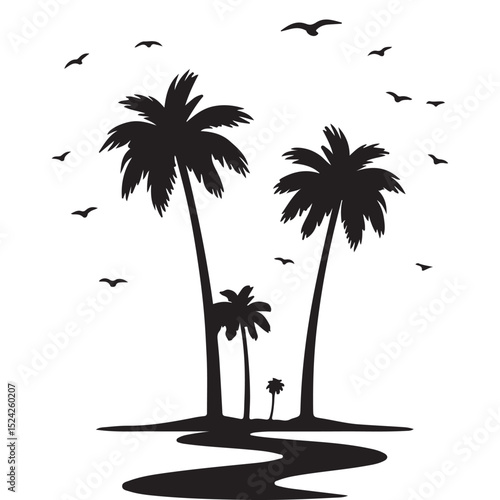 Silhouette of palm trees and flying birds depicting tropical island scenery in black and white