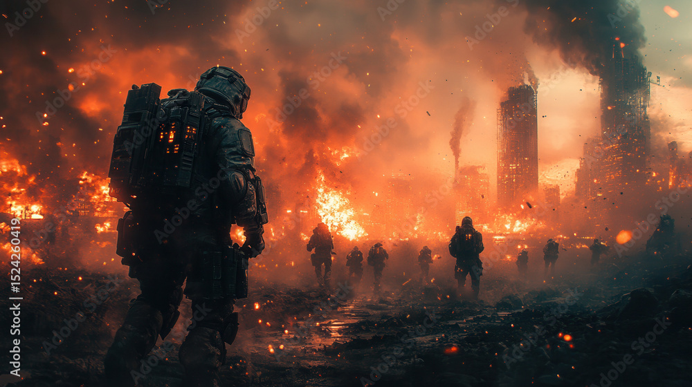 Obraz premium close-up of armored soldiers firing weapons in urban firefight 