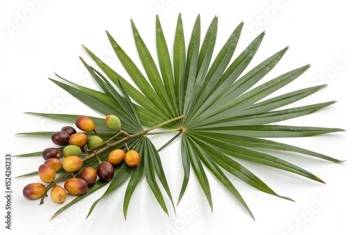 saw palmetto leaves and fruits isolated on white background
