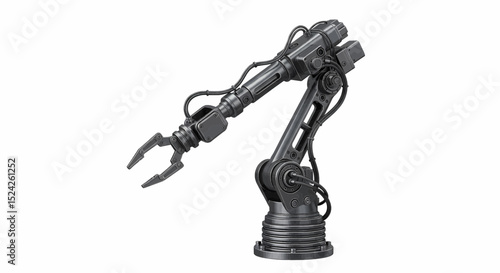 A dark metal robotic arm with pliers grips. The image shows visible wires, screws, and bolts, highlighting fine mechanical details against a white background with even lighting. Vector