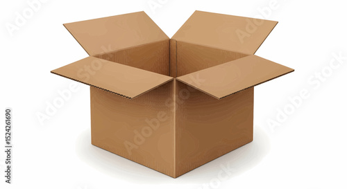 An open, empty brown cardboard box with a clear corrugated texture. Featuring extended top lids and subtle shadows on a pure white background, it's ideal for vector use.