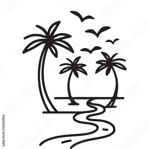Simple illustration of palm trees beach and birds in black and white design.