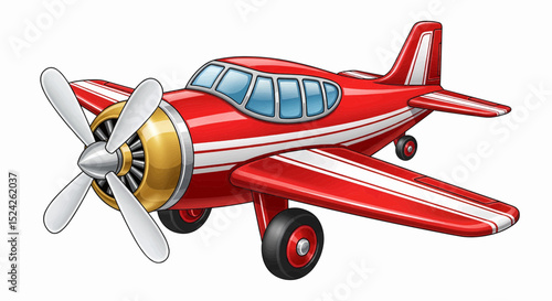 Red toy plane with white/silver accents. It features a four-blade propeller, transparent cockpit windows, and red wheels, all in a glossy, cartoonish design on a white background. Vector