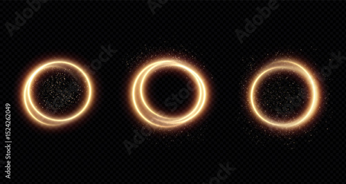 Vector golden light circle effect vector with glowing fire trace on transparent background. A glowing circular line with radiant shine perfect for overlays, magical designs and holiday decor.Banners 