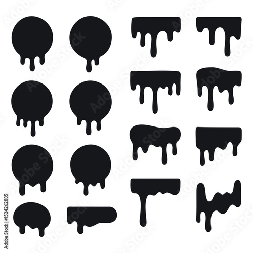 Dripping paint icon set. Current liquid. Paint flows. Melted circle logo. Current paint, stains. Current inks.