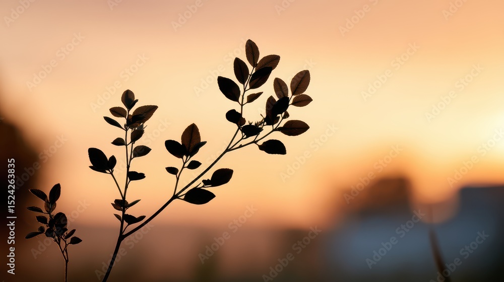 Obraz premium Minimal Plant Silhouette with Soft Golden Sky
