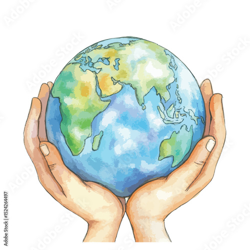 Watercolor Earth Globe Held Gently in Two Hands Showing Africa and Asia