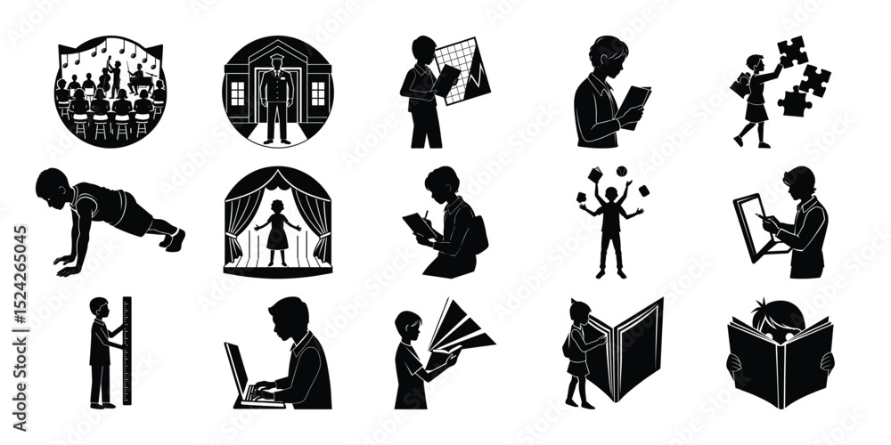 Obraz premium Silhouette Icons Education, Hobbies, and Activities for Kids