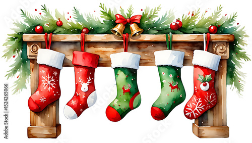 Christmas stockings on mantel christmas, christmas-tree, snowman christmas, gifts christmas,   abstract, background, ball, bell, bow,, photo background,Christmas Stockings Hanging on Mantel Watercolor