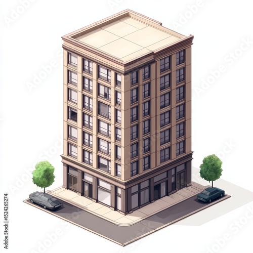 Old Isometric polygonal office building with 6 stories 