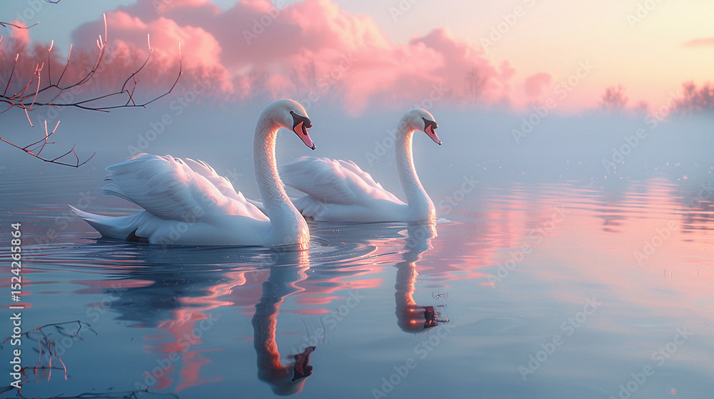 Fototapeta premium Tranquil Twilight: Swans Gracefully Adrift on Glassy Waters