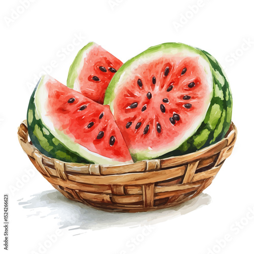 Watermelon Fruit Basket, watercolor drawing vector, high quality, isolated on a white background.