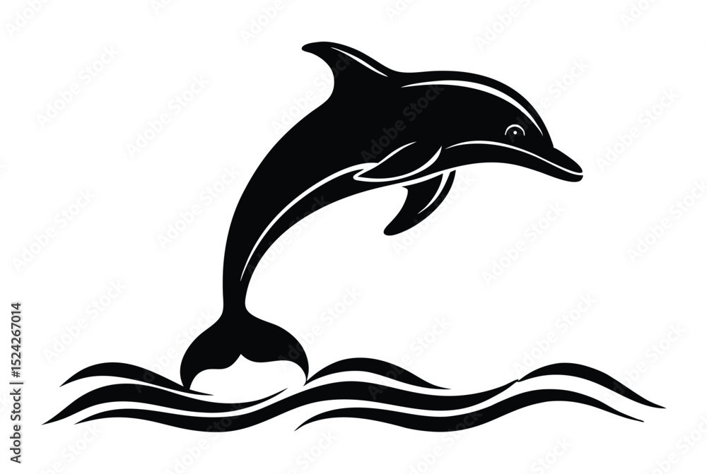 Obraz premium Jumping Dolphin with Water Ripples Silhouette Vector Illustration