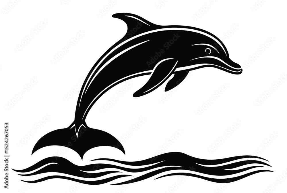 Fototapeta premium Jumping Dolphin with Water Ripples Silhouette Vector Illustration