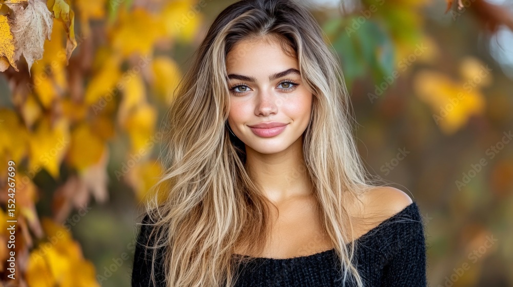 Naklejka premium Beautiful young woman with blonde hair smiling outdoors during autumn