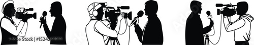 Silhouette of TV Journalist and Cameraman Recording Interview.