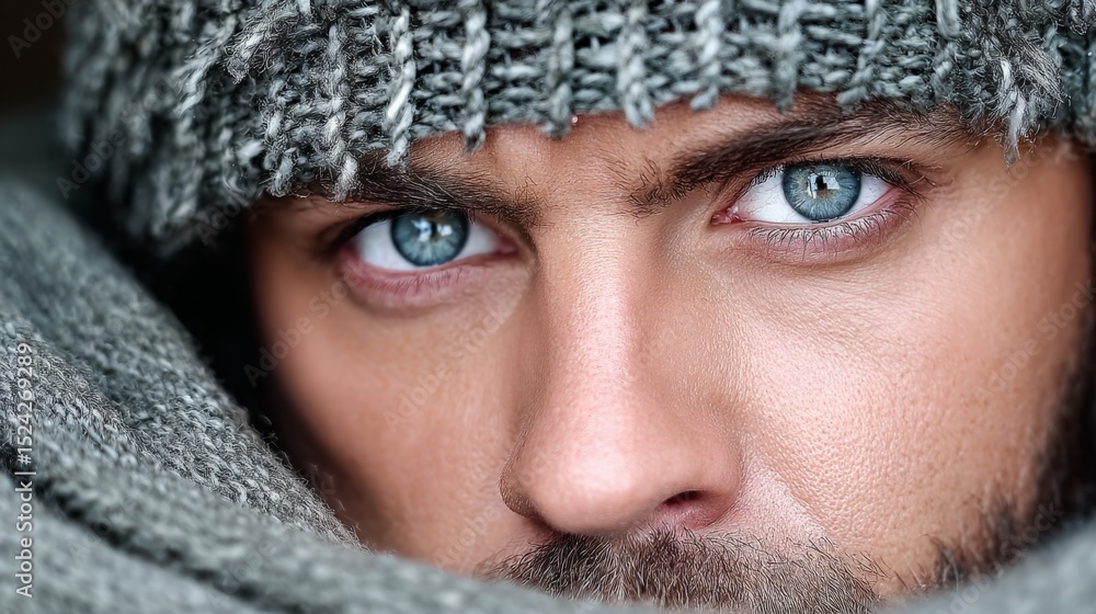 Close-up of a man's face with intense blue eyes and a knitted gray hat Close-up of a man's face with intense blue eyes and a knitted gray hat