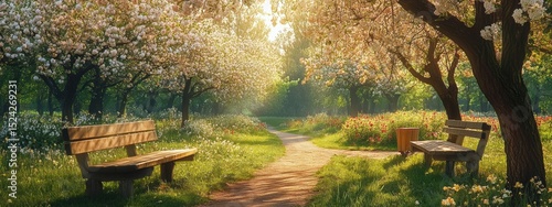 Peaceful Spring Orchard Blooming Trees Benches Pathway
