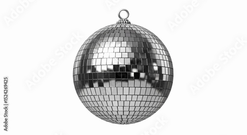 A silver disco ball covered in small square mirrors. It features diffused light reflections and a hanging loop, with intricate detailing against a white background. Vector