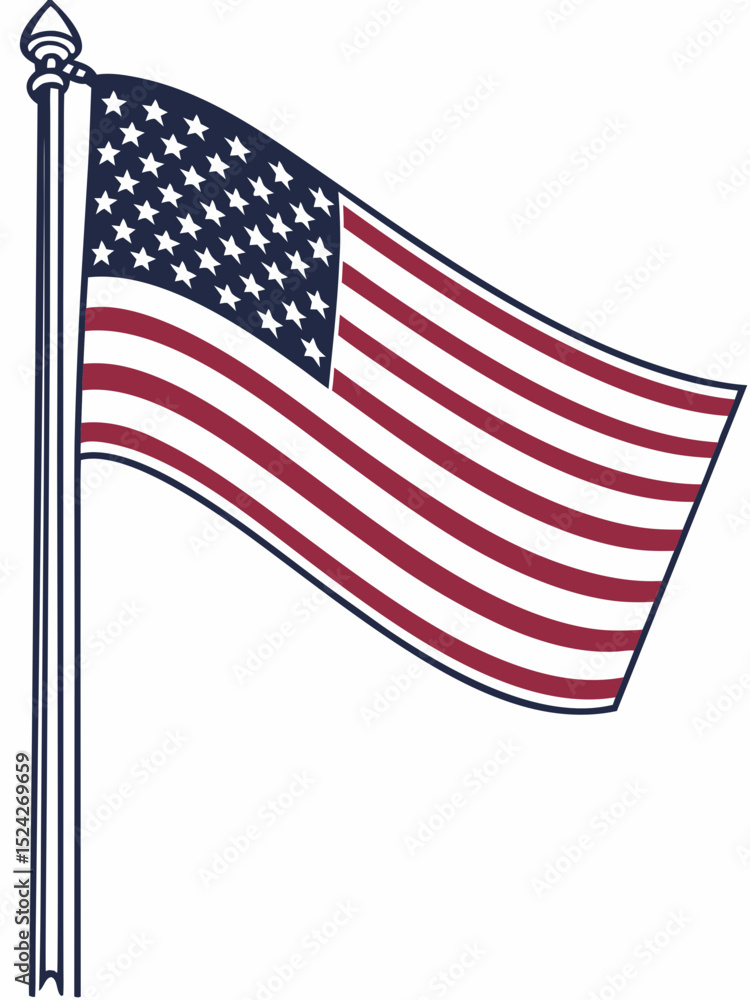 Fototapeta premium A minimalistic single American flag gently swaying in the wind, symbolizing the remembrance of Memorial Day