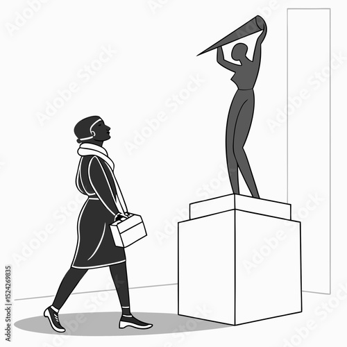 Woman admiring modern art sculpture in gallery