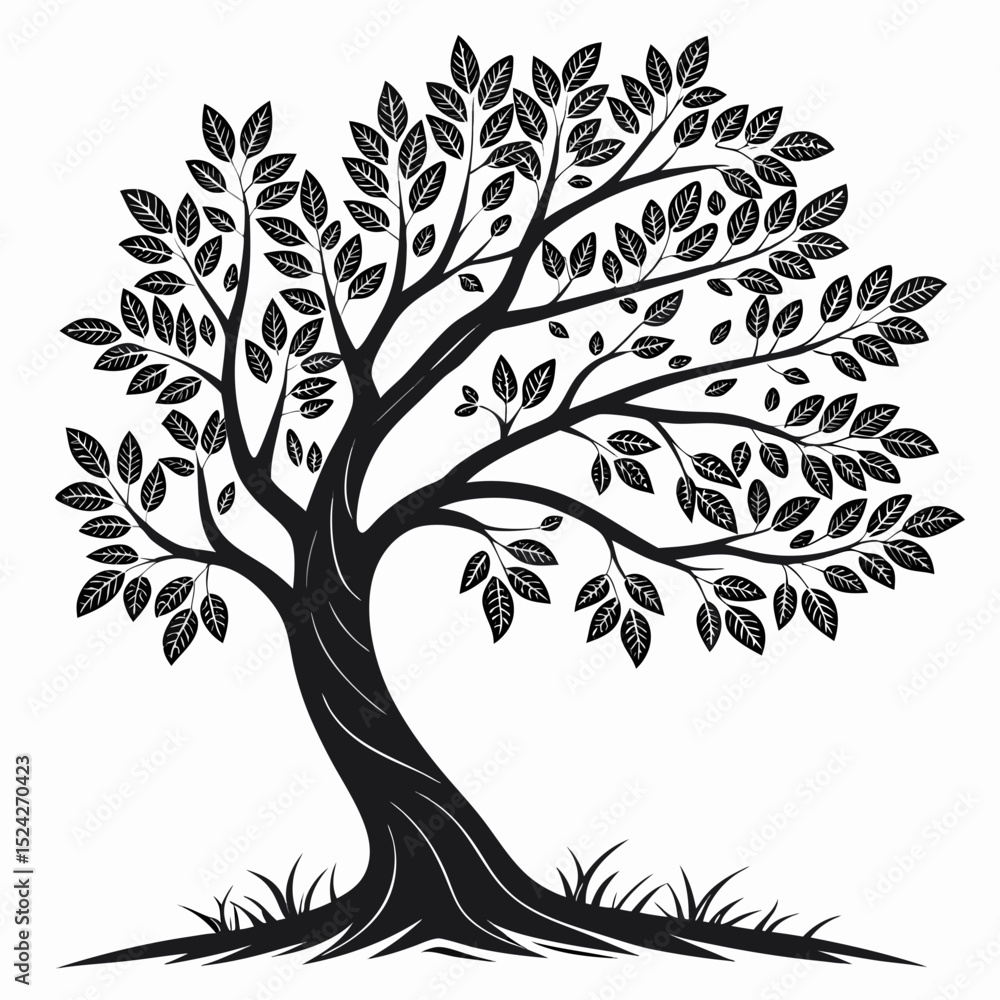 Obraz premium Black silhouette tree with lush leaves and grass