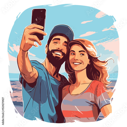 Group of Happy Friends Taking Selfie with Smartphone - Diverse People Having Fun Together and Capturing Moments on Mobile Phone - Vector Illustration
