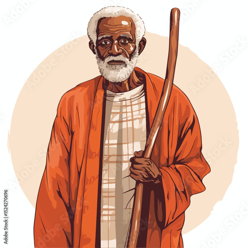 Elderly African American grandfather with afro hairstyle and walking cane vector illustration