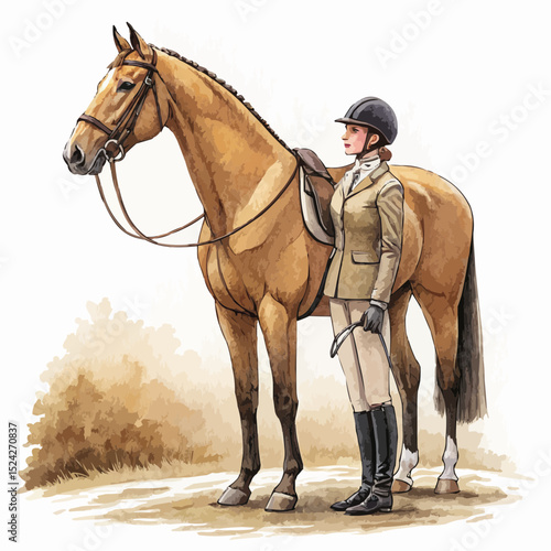 Elegant female rider standing calmly with her saddled show jumping horse.