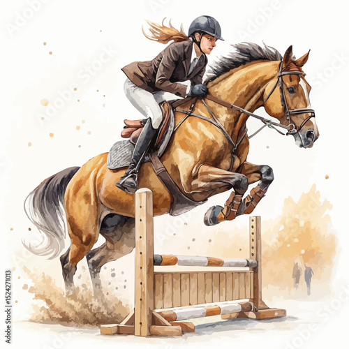 Female equestrian and her powerful chestnut horse jumping an obstacle with athletic grace.