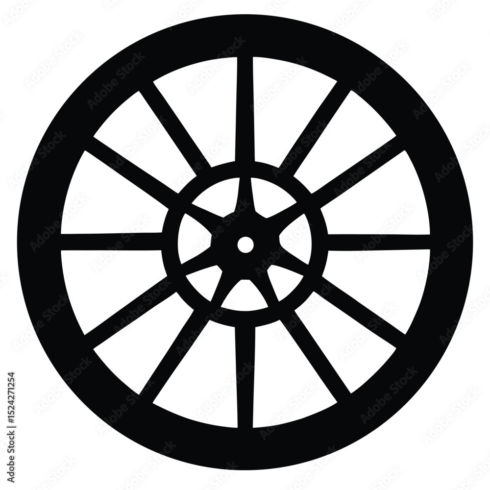 Fototapeta premium Black and White Illustration Detailed Wheel with Spokes and Central Geometric Design