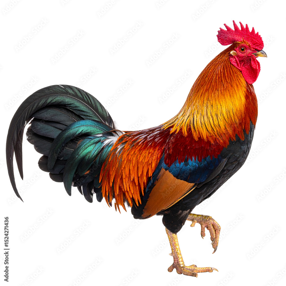 Fototapeta premium Vibrant Rooster in Mid-Strut, Side Profile View, Transparent PNG Cutout