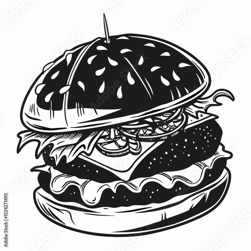 Delicious black and white burger illustration