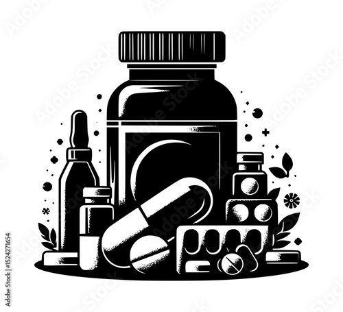 Medicine bottle and various pills illustration