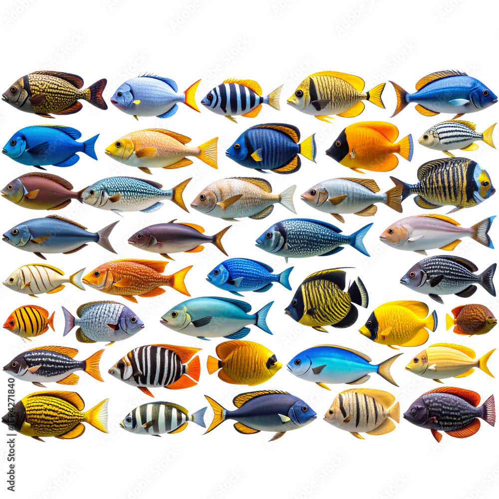 Naklejka premium Exotic Ocean Fish Lineup – Transparent PNG Panorama