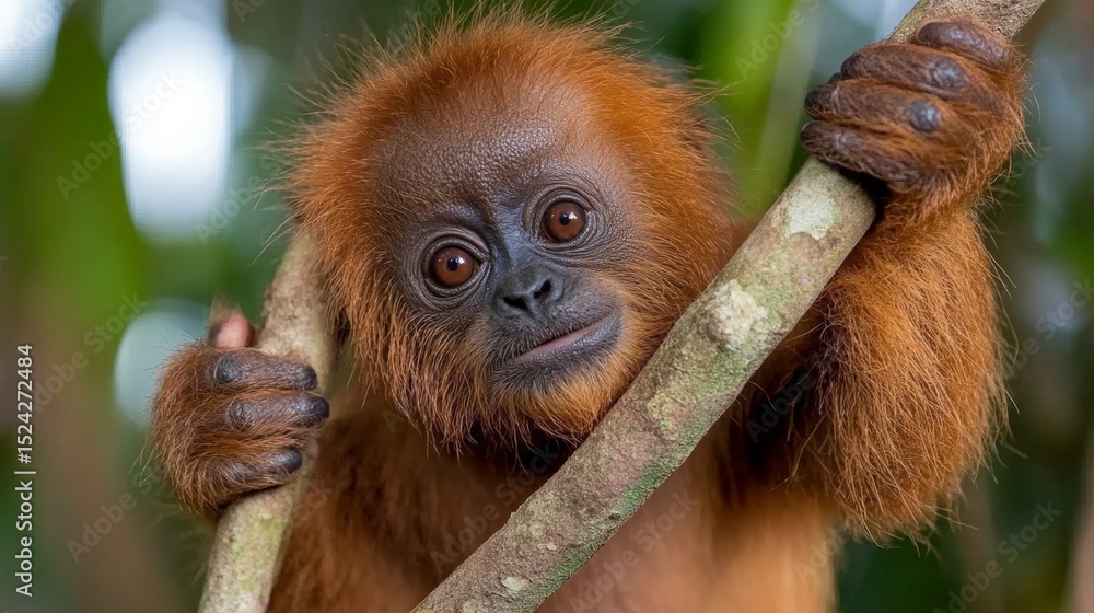 Fototapeta premium Cute young orangutan clings to a tree branch in a lush jungle setting