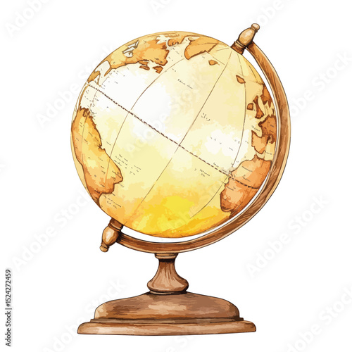 Watercolor Globe Depicting Earth with Wooden Stand and Detailed Cartography