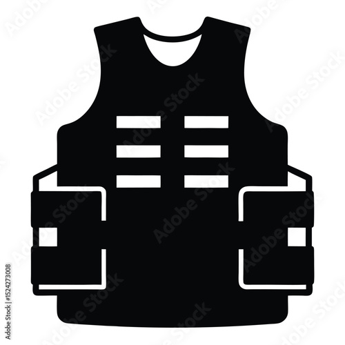 Black Tactical Vest Illustration with Pockets and Horizontal Straps Design