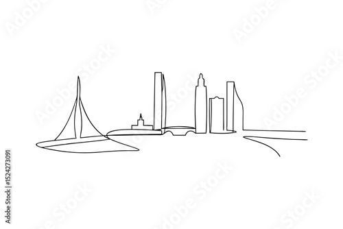 Single line drawing cityscape skyline with sailboat