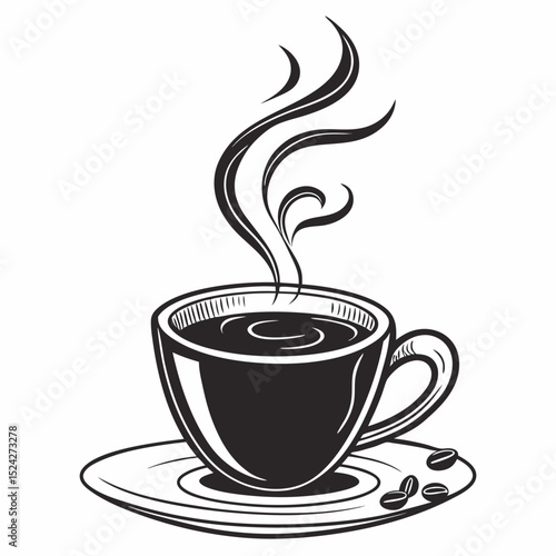 Steaming cup of coffee coffee beans saucer