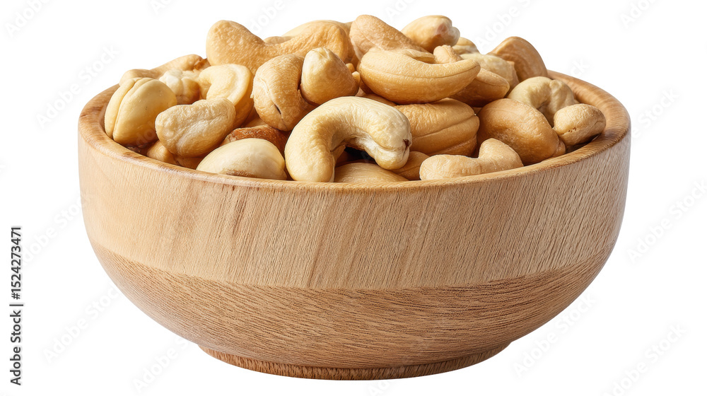 Raw cashew nut in wooden bowl isolated on transparent background with natural texture and color Raw cashew nut in wooden bowl isolated on transparent background with natural texture and color