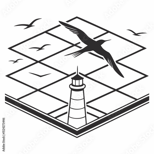 Lighthouse seascape geometric bird flight design