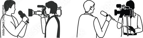 Silhouette of TV Journalist and Cameraman Recording Interview.