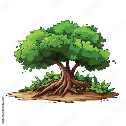 Lush Leafy Tree and Shrubbery Over a Piece of Ground - Vector Illustration