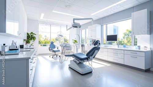 Modern Dental Office Interior Bright Spacious Room with Comfortable Patient Chair and Advanced Equipment