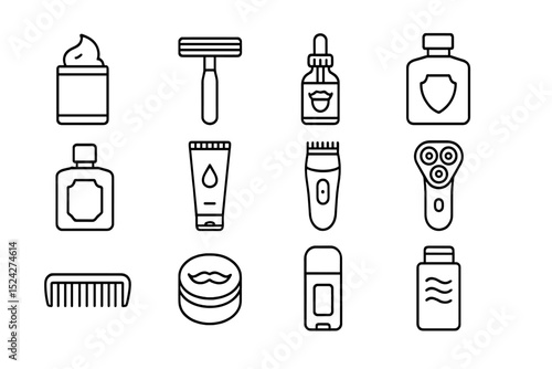 Male grooming icons: razors, combs, creams, and clippers on black background