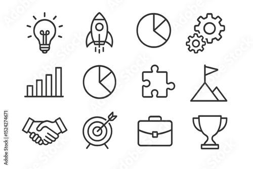 Business and technology icons featuring charts, rocket, and gear symbols