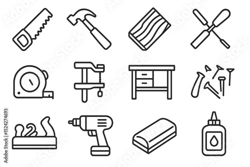 Vector icons of hand tools: saw, hammer, wood, screwdriver, tape, drill, glue
